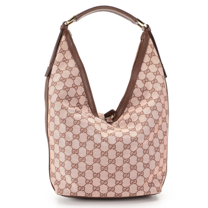 Gucci Hobo Bag in GG Canvas with Brown Leather Trim
