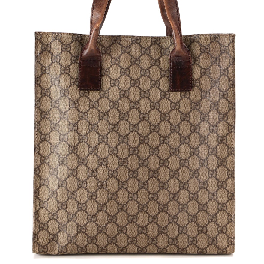 Gucci North South Tote in GG Supreme Canvas with Brown Leather Trim