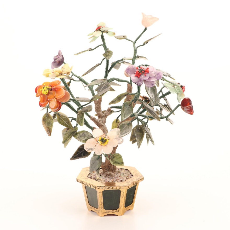 Chinese "Jade" Tree with Stone Flowers, Mid to Late 20th Century