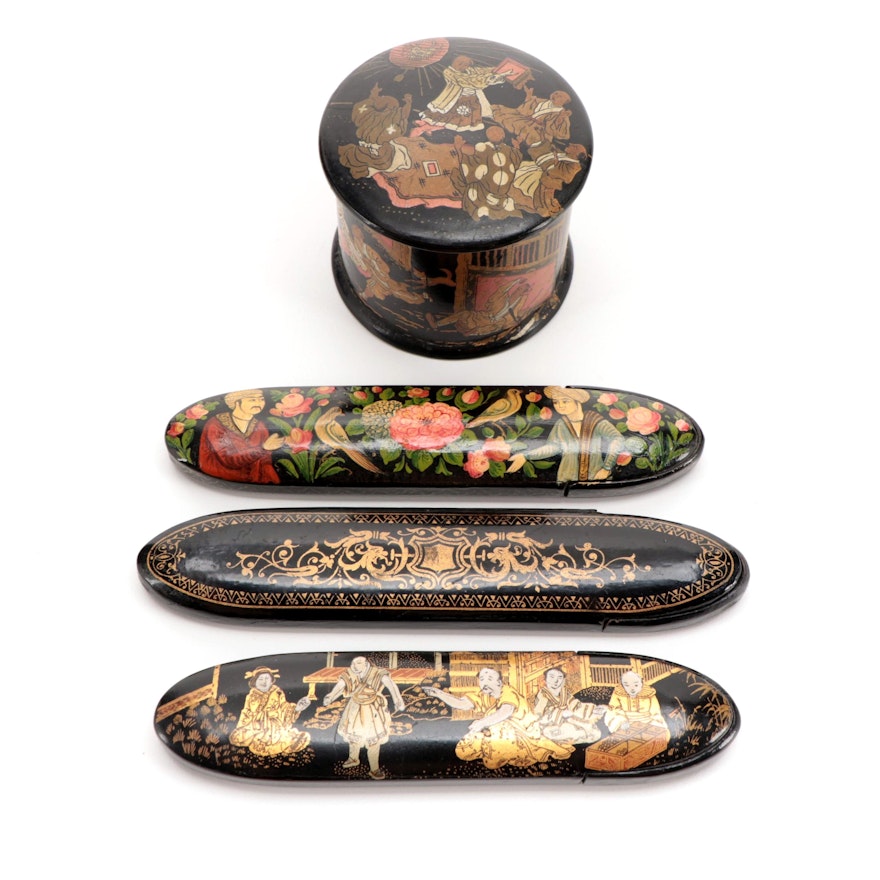 Victorian Lacquer Ware Eyeglass Cases and Box, Late 19th Century