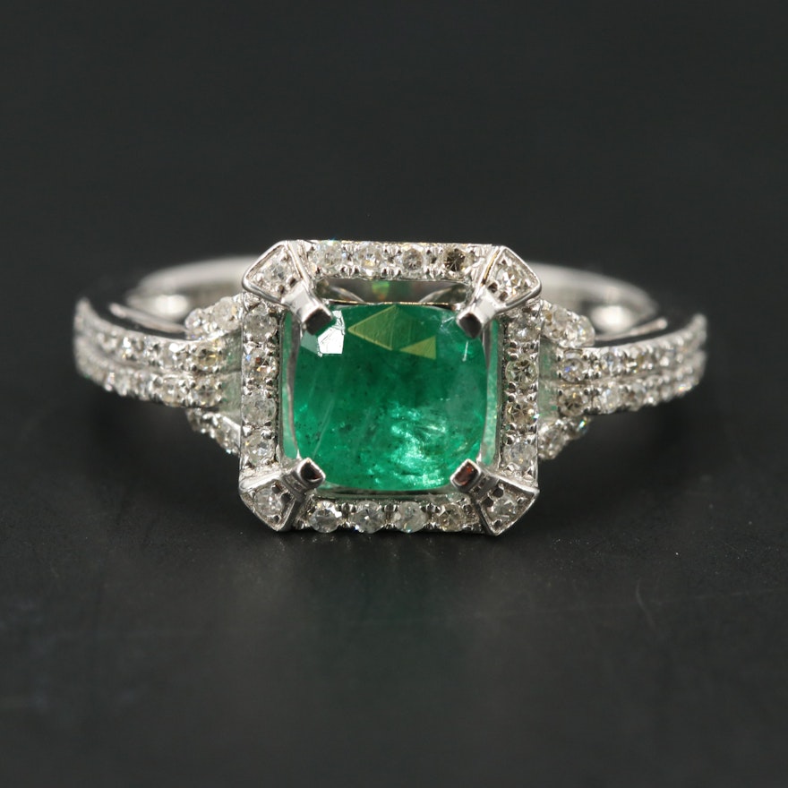 14K WHITE GOLD DIAMOND, NATURAL EMERALD RING