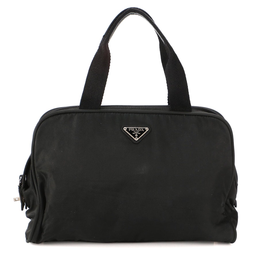 Prada Top Handle Bag in Black Tessuto Nylon with Leather Trim Handles