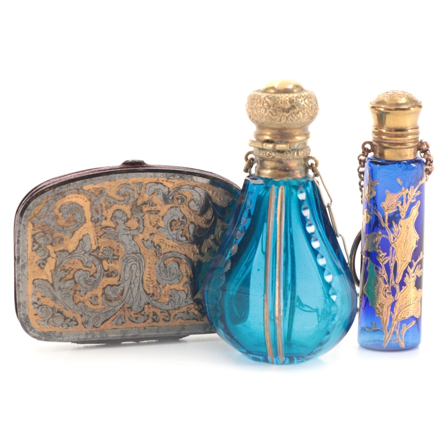 Blue Glass & Cobalt Blue Glass Chatelaine Perfume Bottles & Metal Coin Purse