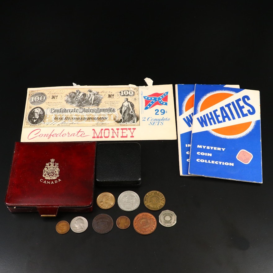 Assortment of Foreign Coins and Reproduction Confederate Currency Notes