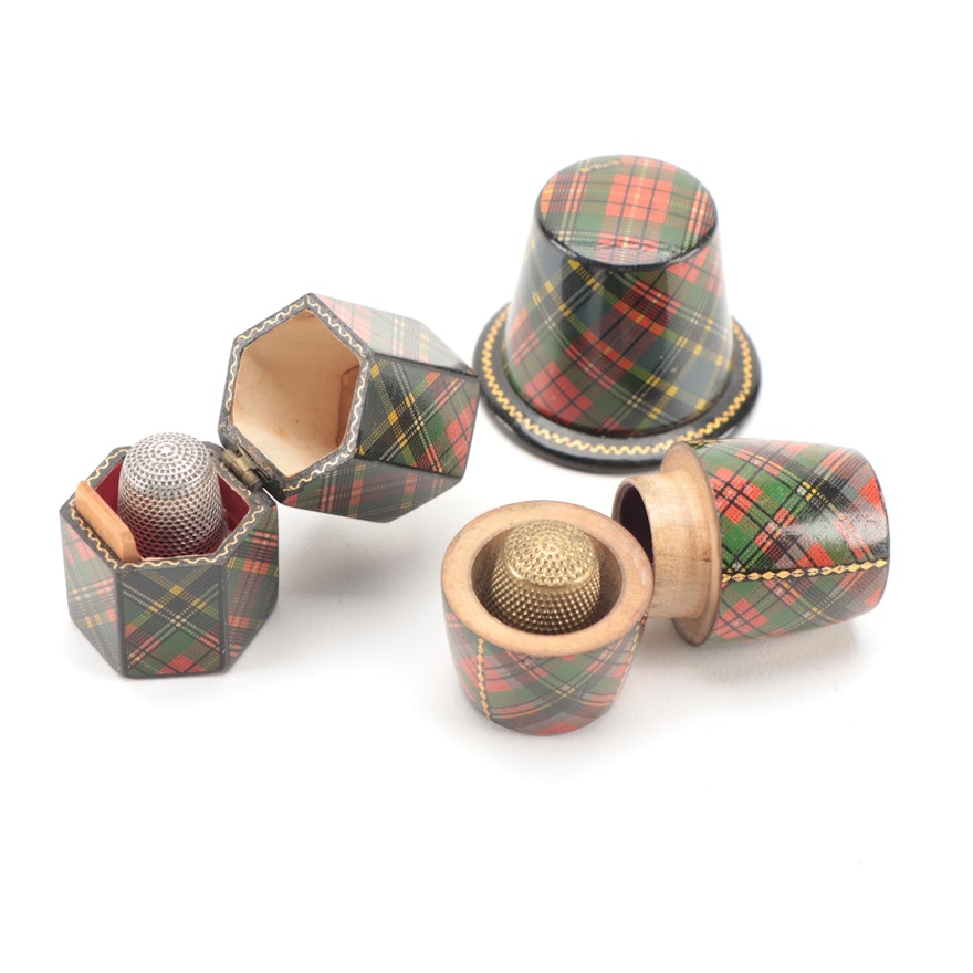 Scottish Mauchline Ware Thimble Cases with Sterling and Brass Metal Thimbles