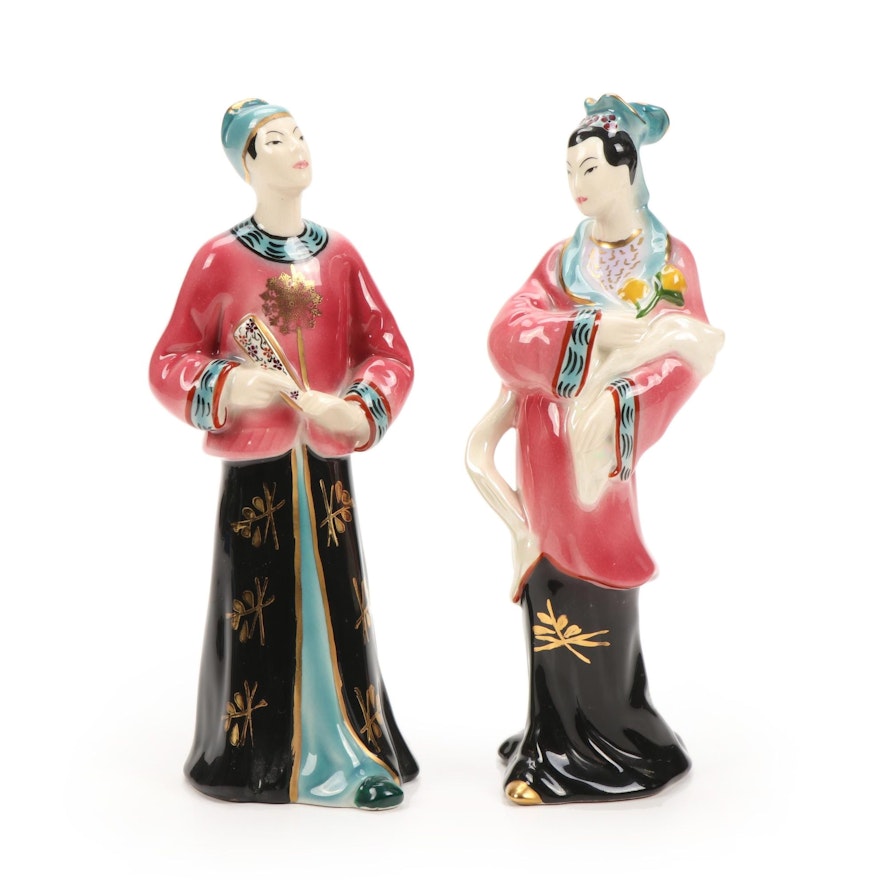 Hand-Painted Goldcrest Chinese Actor and Actress Figurines, Mid-20th Century