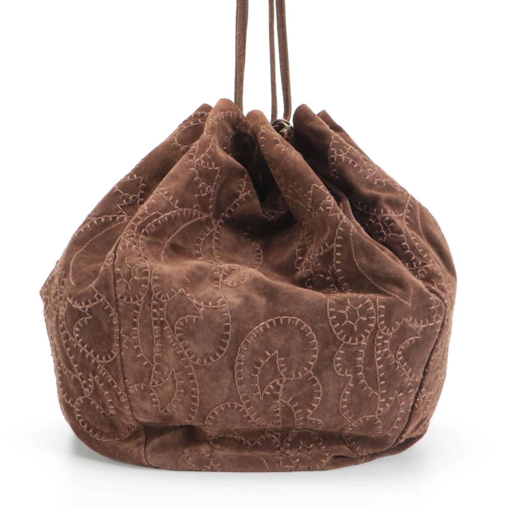 Prada Brown Suede Drawstring Hobo Bag with Stitching Details and Tasseled Strap