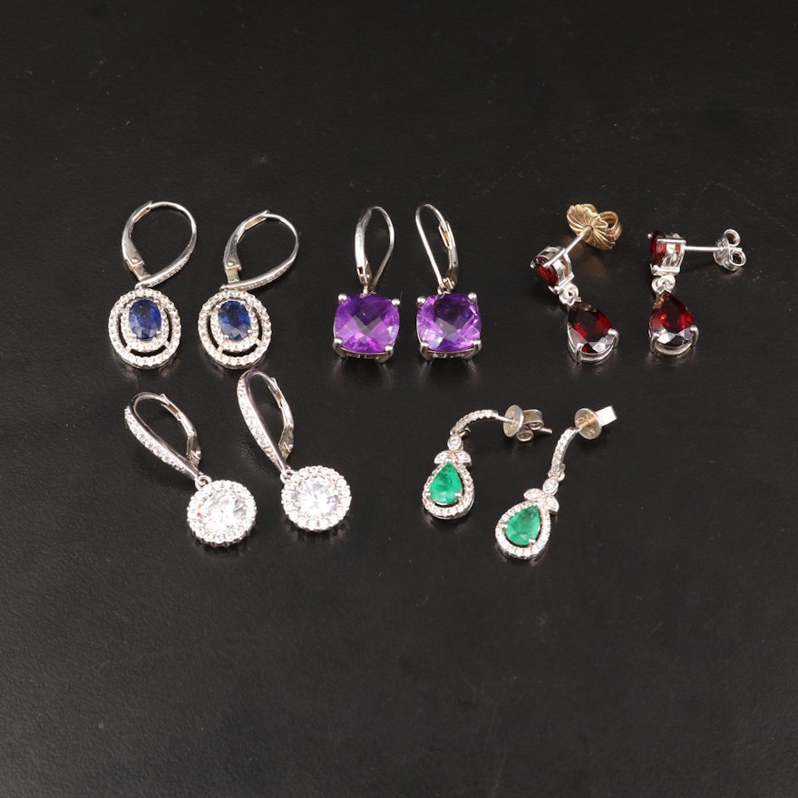 Sterling Silver Earrings Featuring Garnet, Amethyst and Emerald