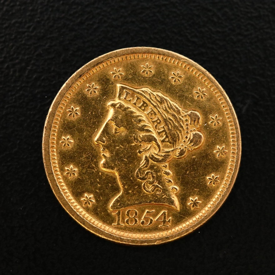 1854 Liberty Head $2.50 Quarter Eagle Gold Coin