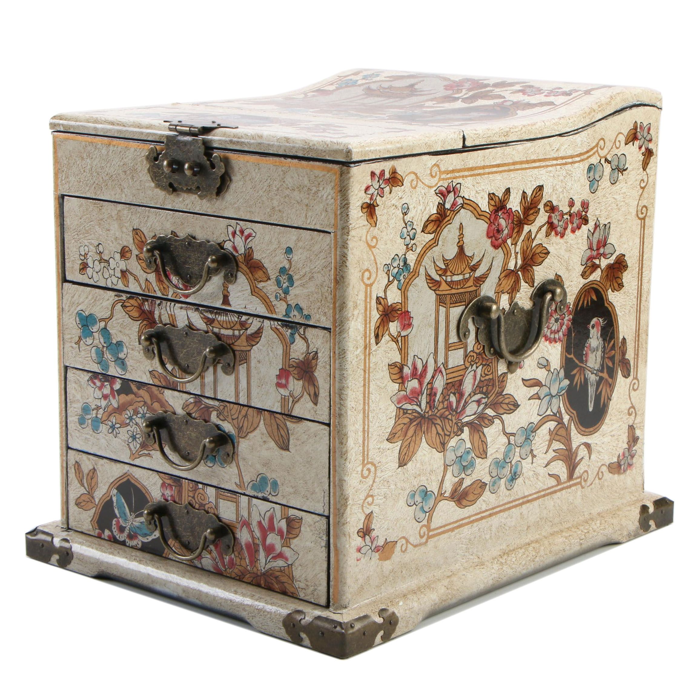 Japanese Metal Mounted Lacquered Tansu Style Jewelry Box with Fold-Out Mirror