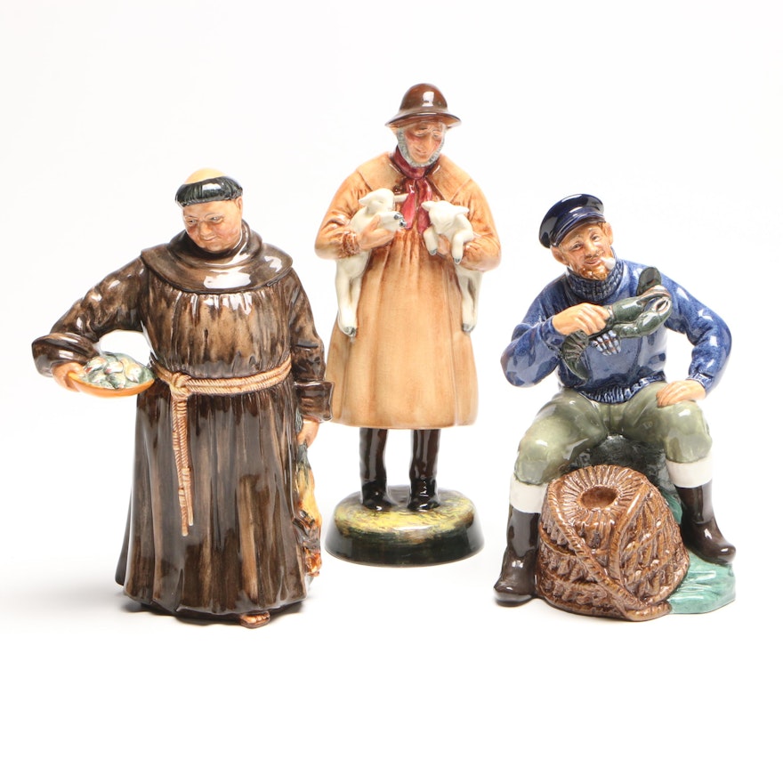 Royal Doulton Porcelain Figurines, "Jovial Monk", "Lambing Time", "Lobster Man"