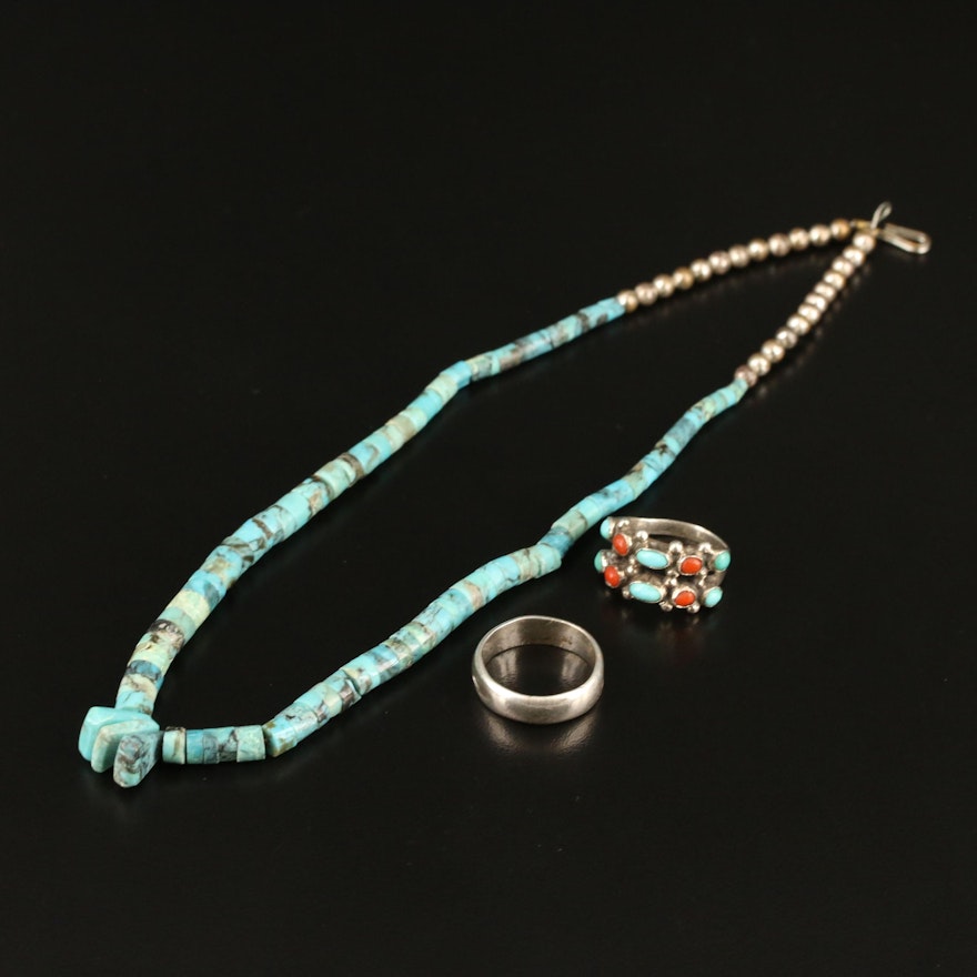 Southwestern Style Turquoise and Coral Jewelry Including Stamped Band