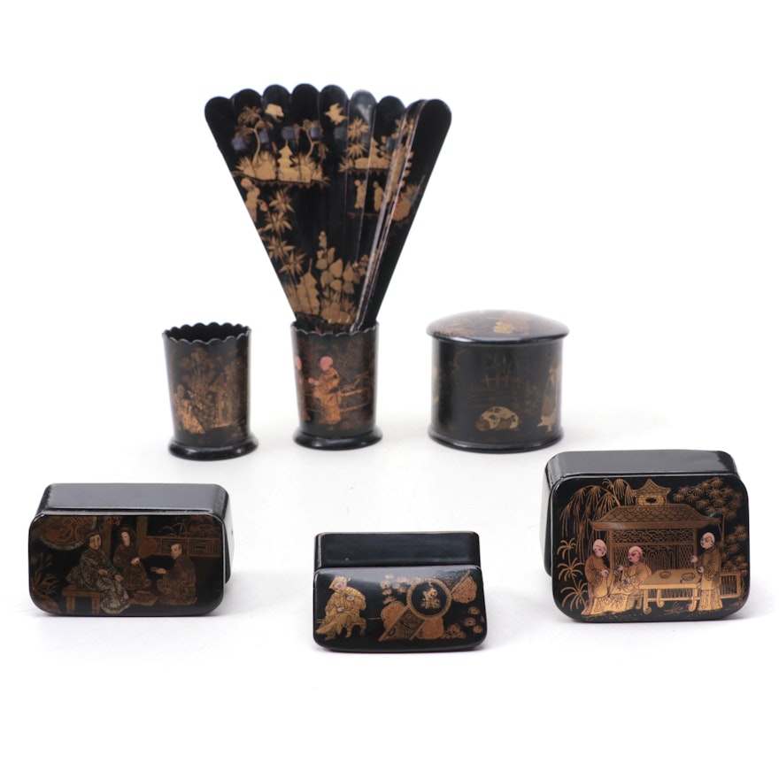 Chinese Black Lacquerware Snuff Boxes with Other Tableware and Fan, 19th Century