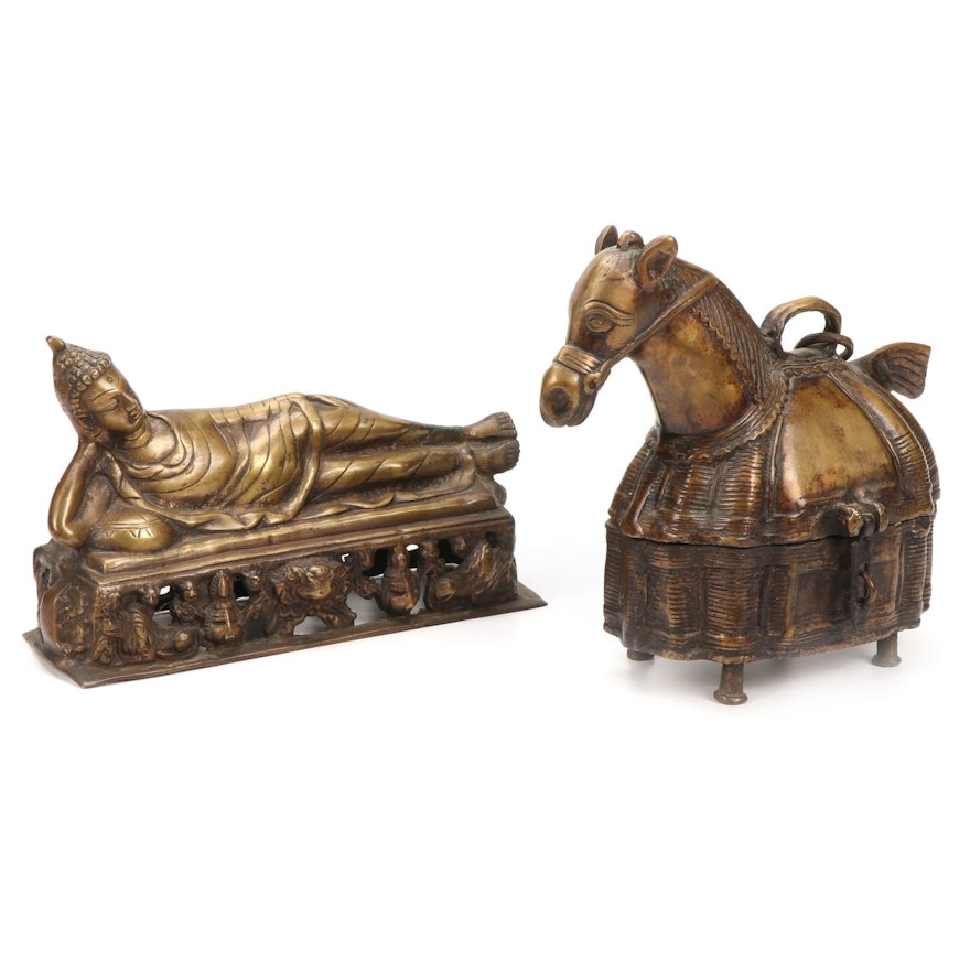 Bronze Reclining Buddha and Copper Alloy Horse Form Trinket Box