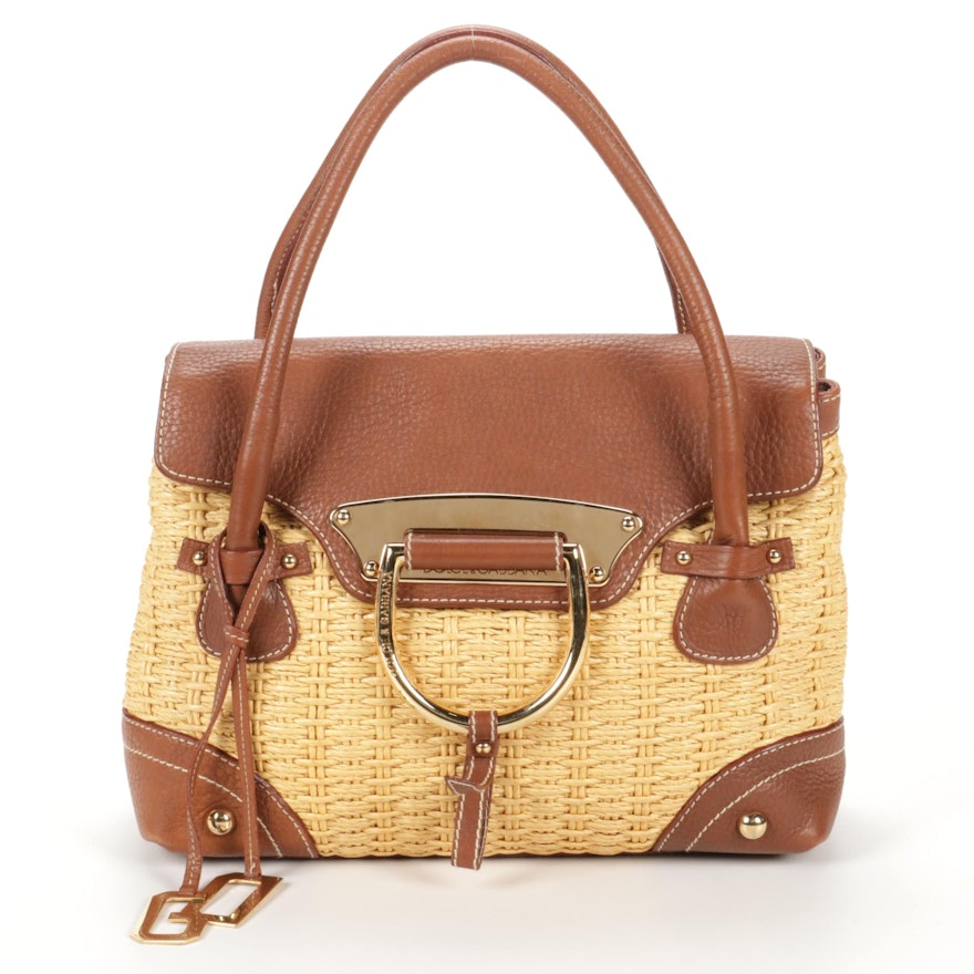 Dolce & Gabbana Woven Rattan and Brown Pebbled Leather Satchel
