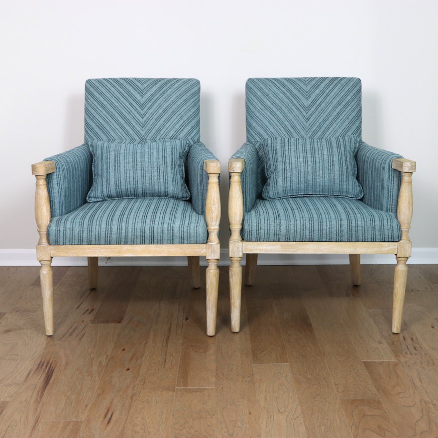 Pair of Uttermost "Seamore" Wood and Fabric Upholstered Armchairs