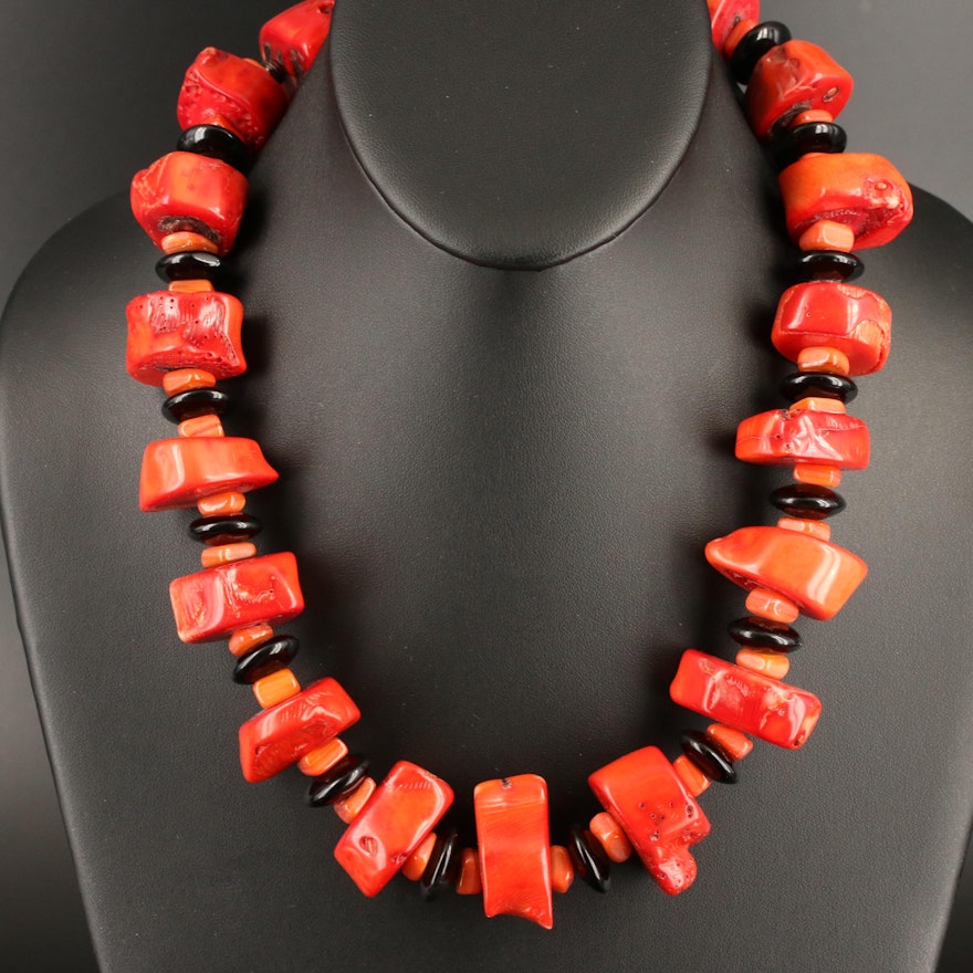 Coral and Obsidian Necklace with Sterling Clasp