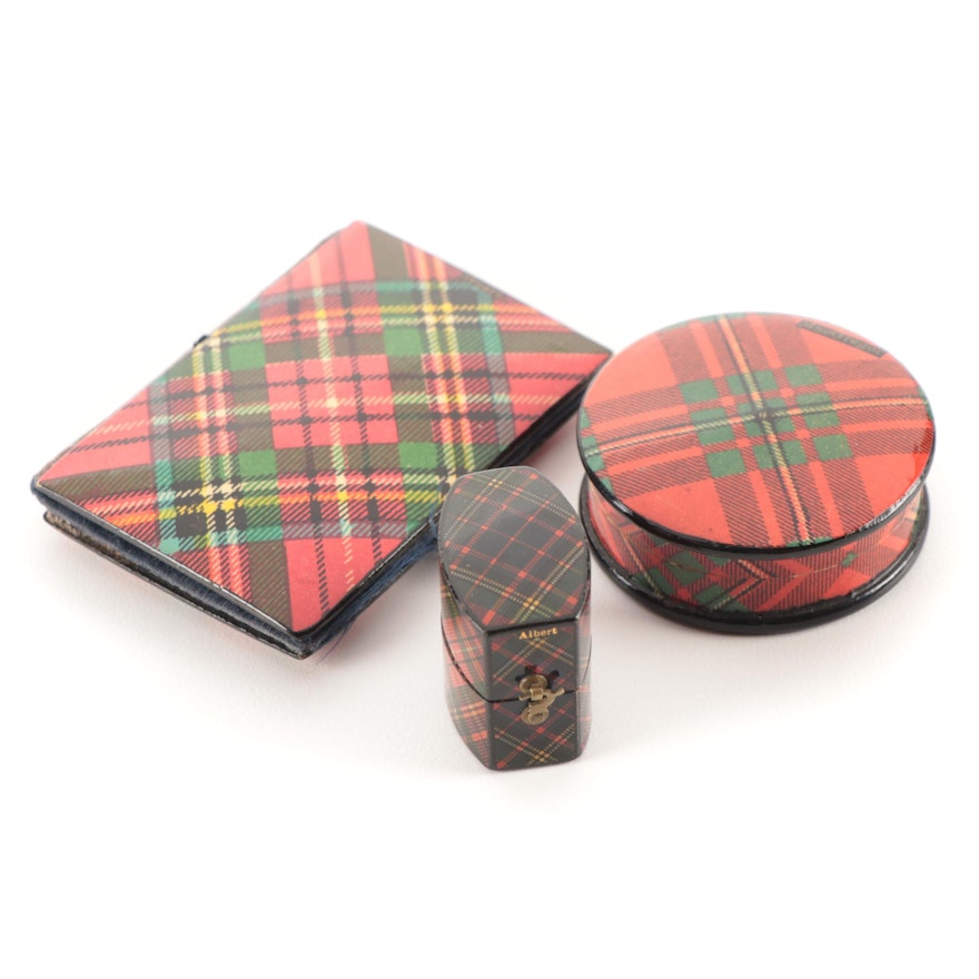 Scottish Mauchline Tartan Ware Needle Case and Boxes, Late 19th Century