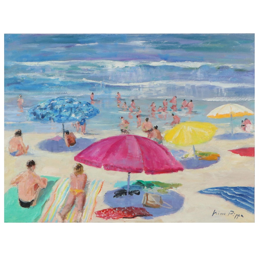 Nino Pippa Oil Painting "French Riviera - St. Tropez Beach Scene," 21st Century