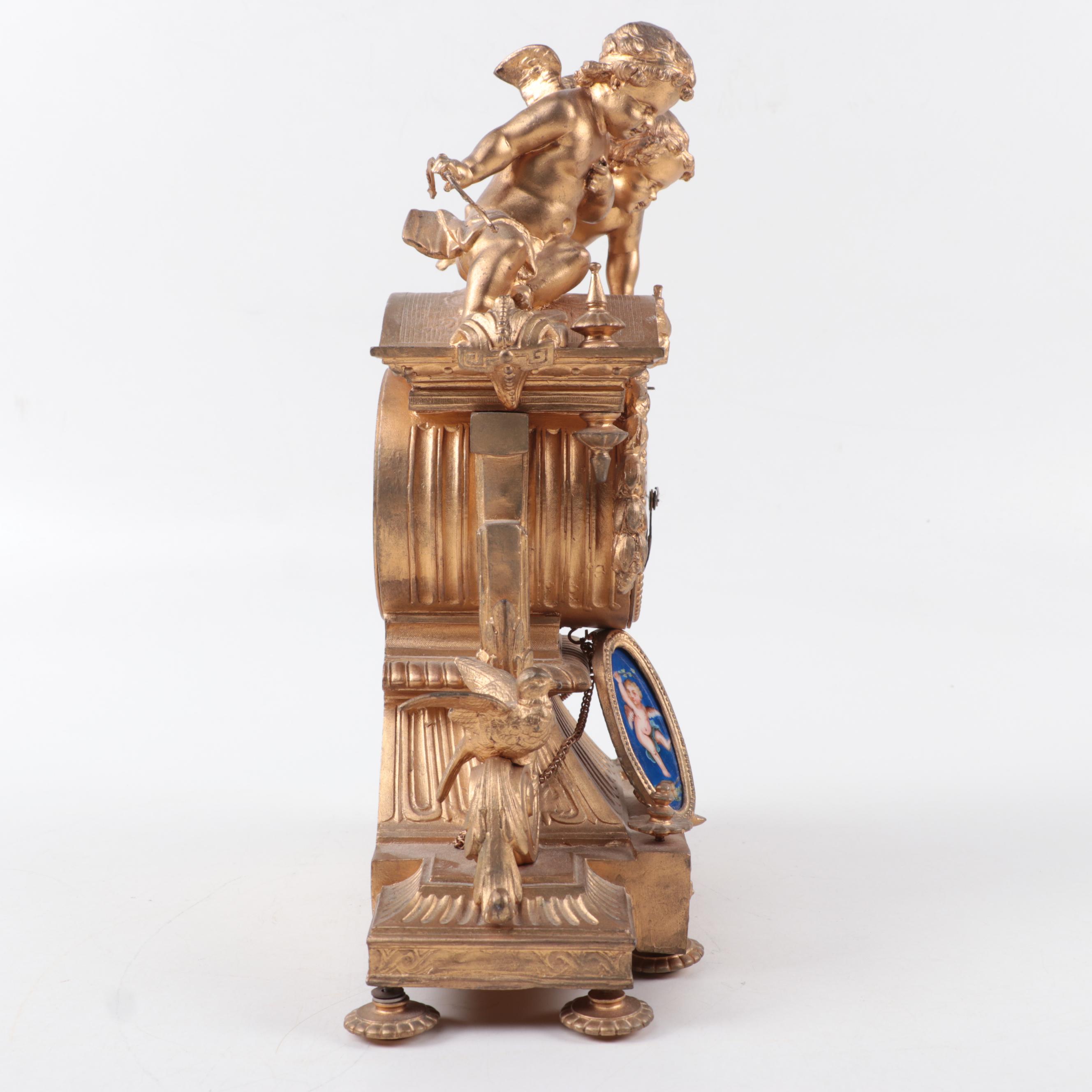 French Samuel Marti  Sèvres Style Gilt Bronze and Porcelain Mantel Clock