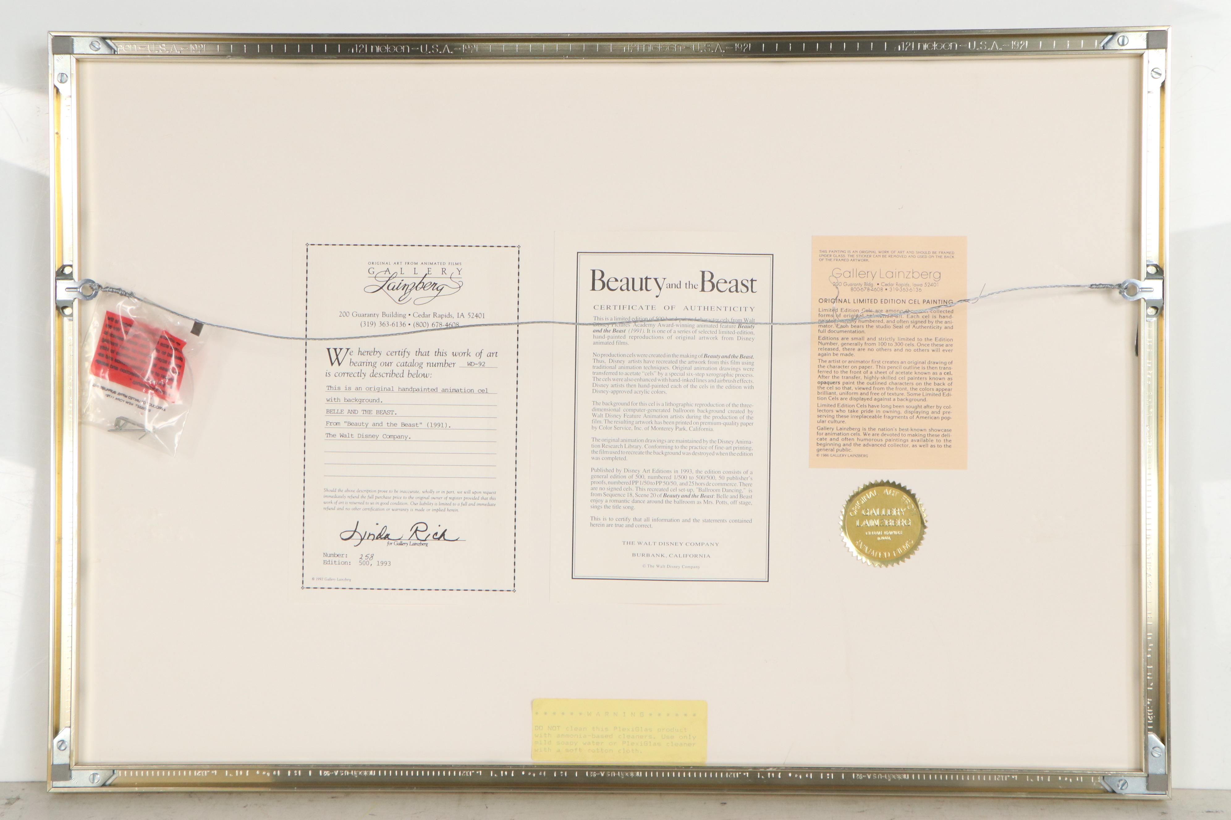 Walt Disney Hand-Painted Animation Cel from Beauty and the Beast, 1991