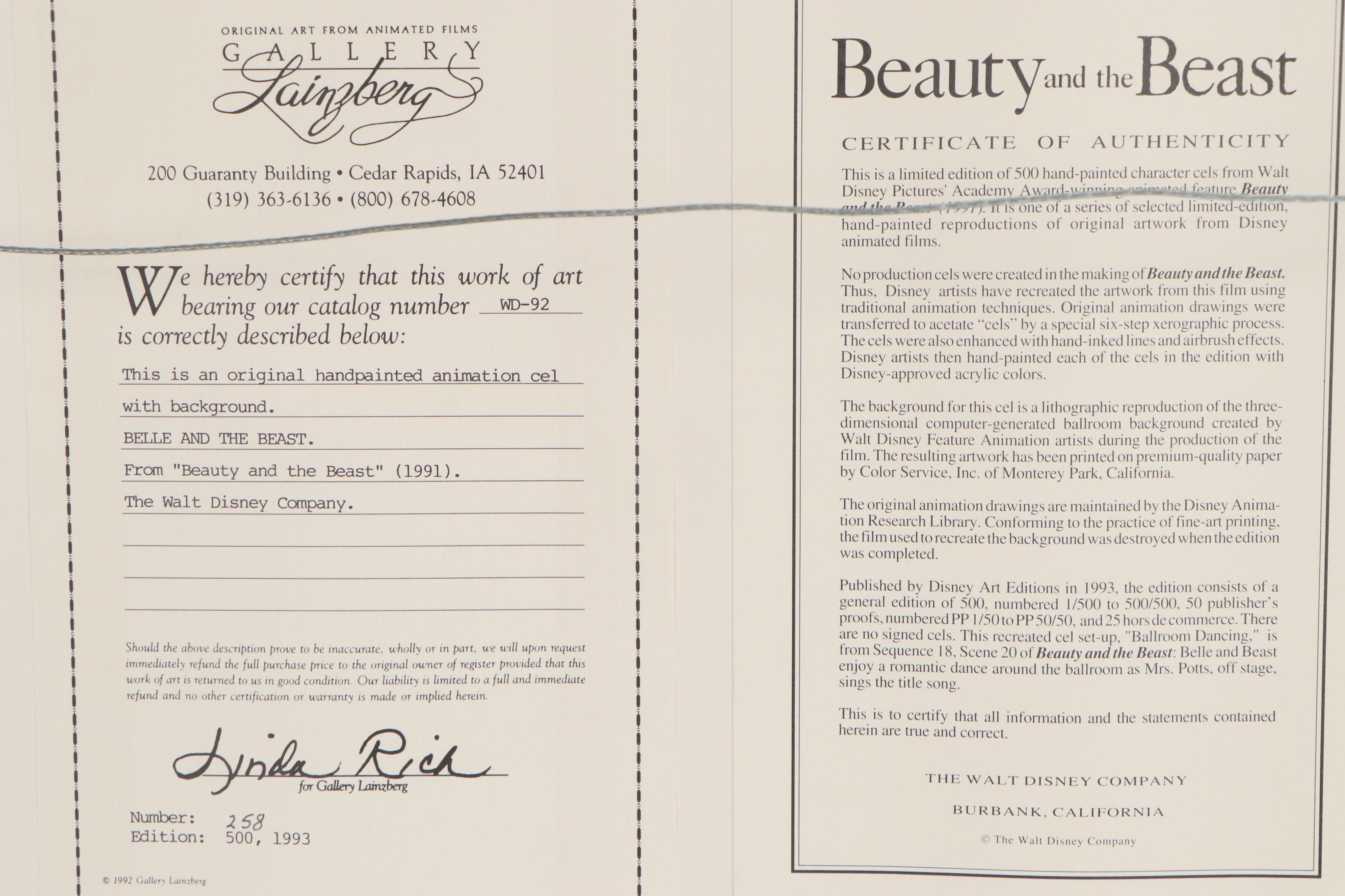 Walt Disney Hand-Painted Animation Cel from Beauty and the Beast, 1991