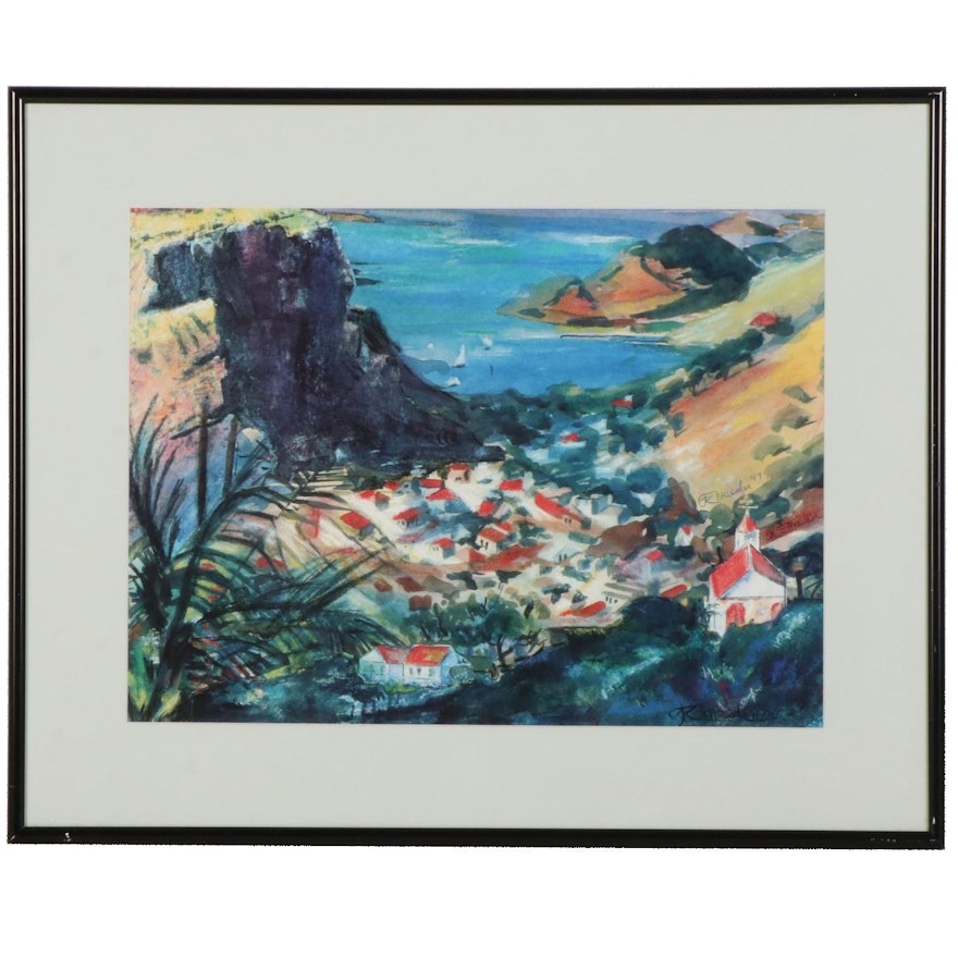 Impressionist Style Coastal Village Offset Lithograph, 1997