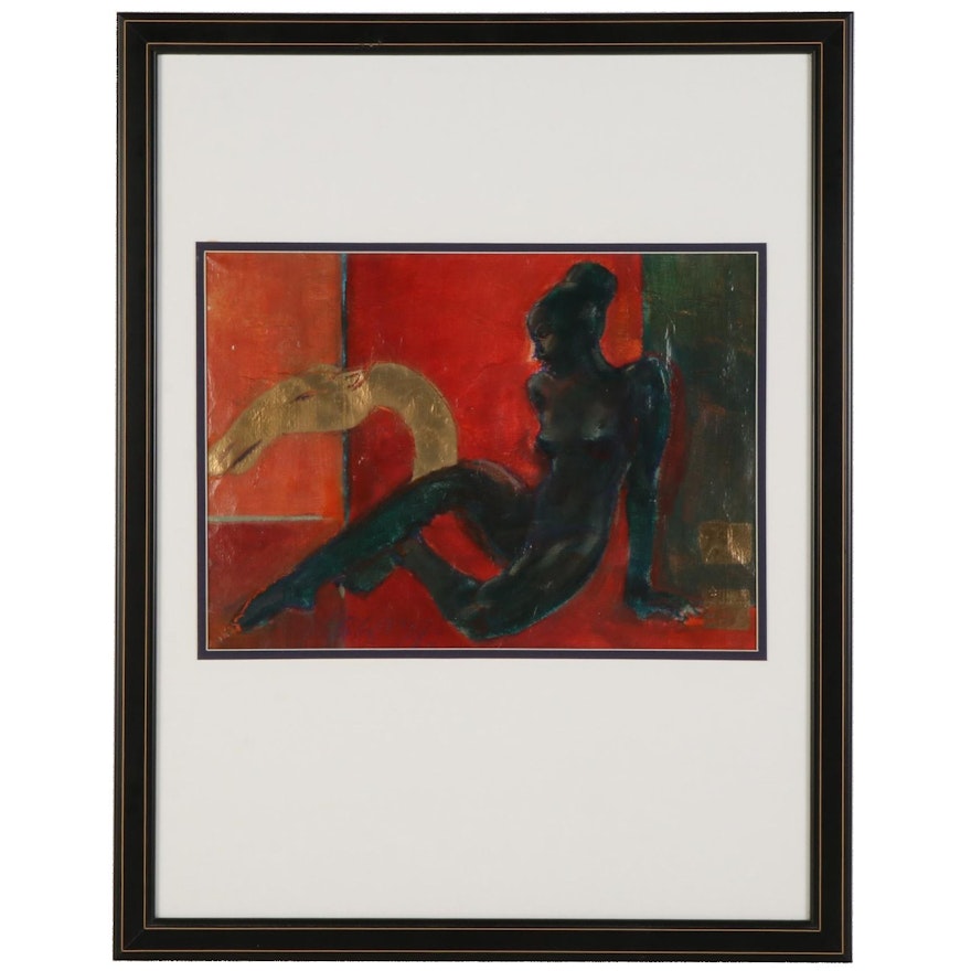 Reclining Female Nude Mixed Media Painting, 1997