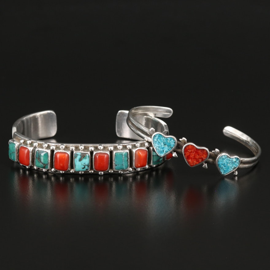 Southwestern Sterling Heart and Signed C. Jones Cuffs with Turquoise and Coral