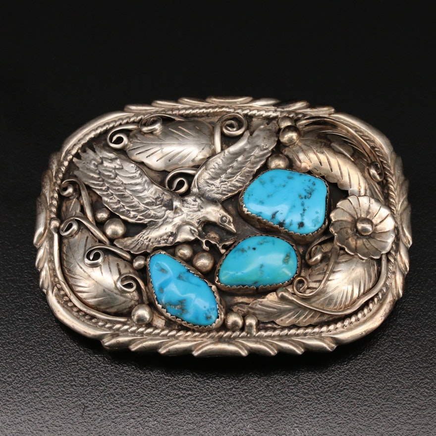 Fred James Navajo Sterling Silver and Turquoise Belt Buckle