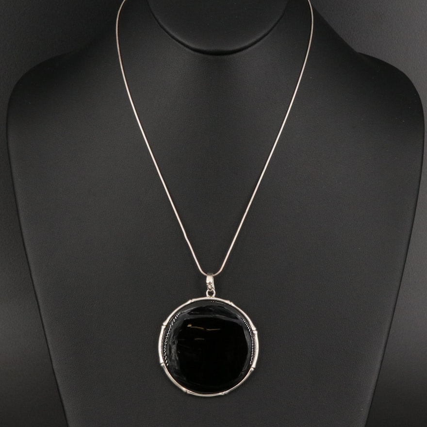 Sterling Silver Black Onyx Circle Pendant Necklace with Bamboo Design