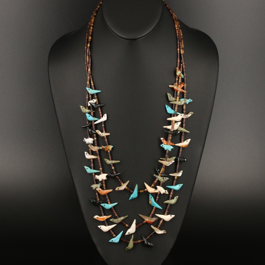 Southwestern Sterling Fetish Necklace Including Agate, Abalone and Turquoise