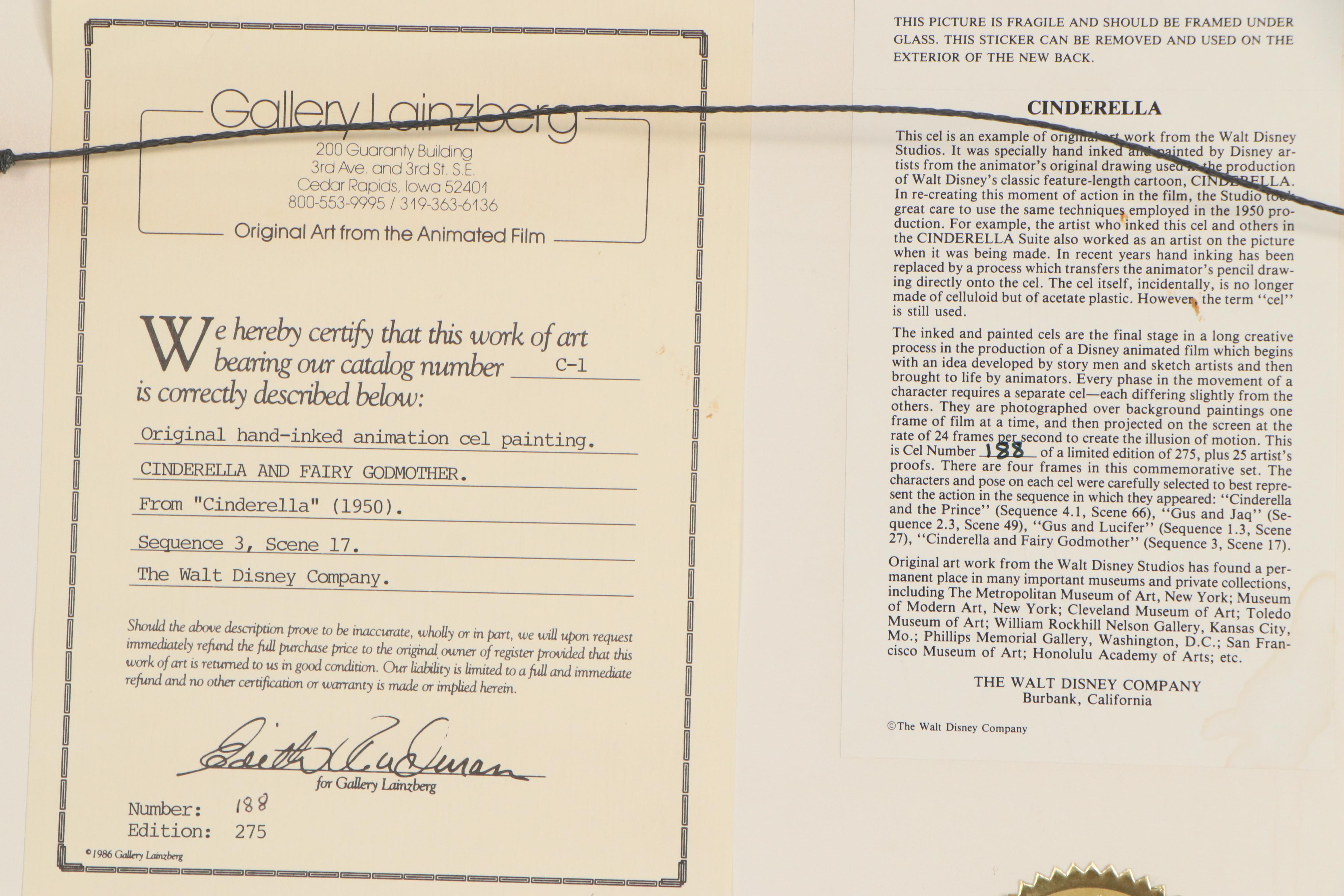 Walt Disney Hand-Inked Animation Cel From Cinderella, 1950