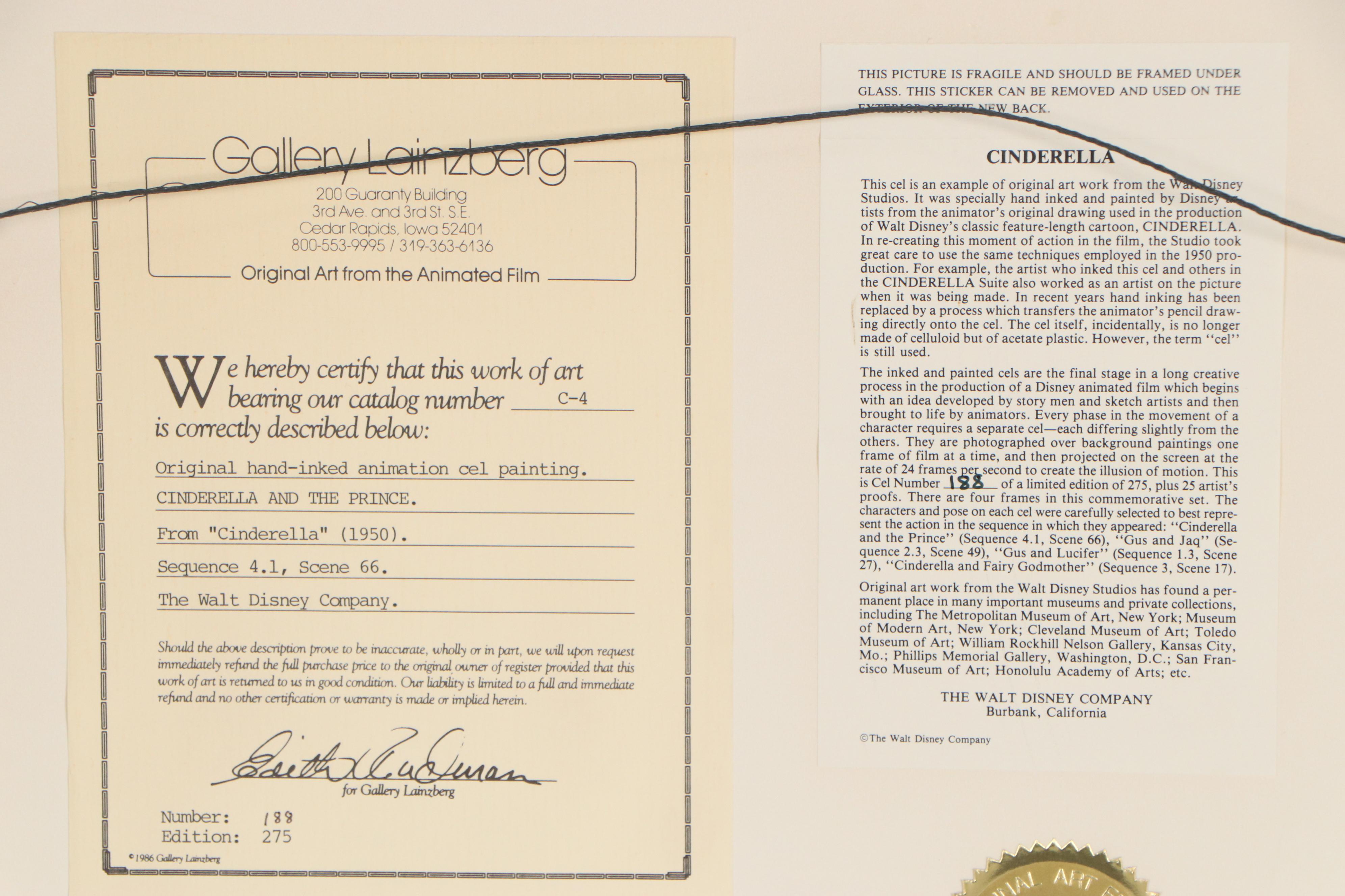 Walt Disney Hand-Inked Animation Cel From Cinderella, 1950