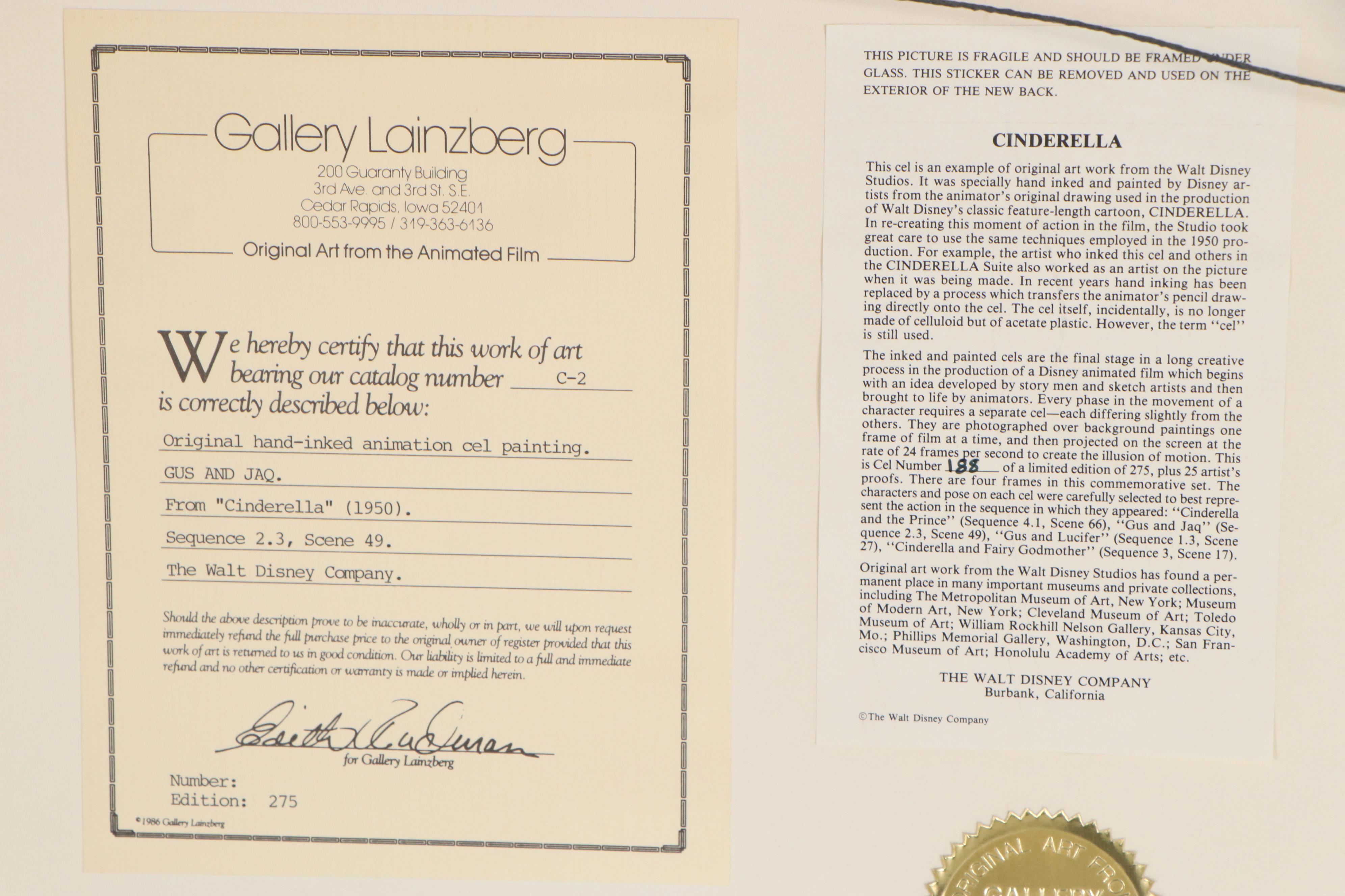 Disney "Cinderella" Hand-Painted Animation Cels, 1980