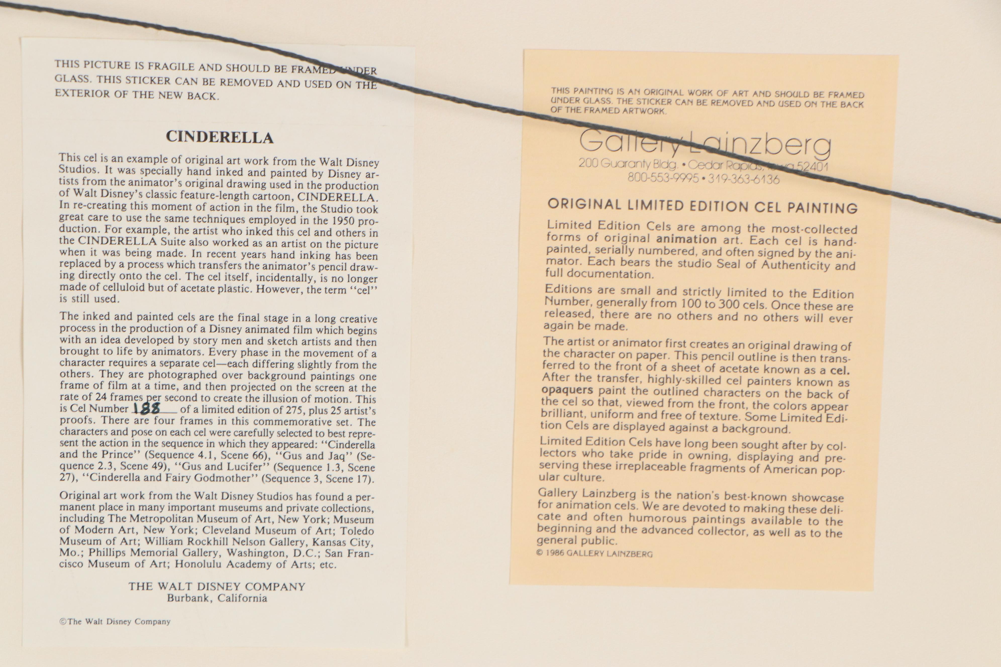 Disney "Cinderella" Hand-Painted Animation Cels, 1980