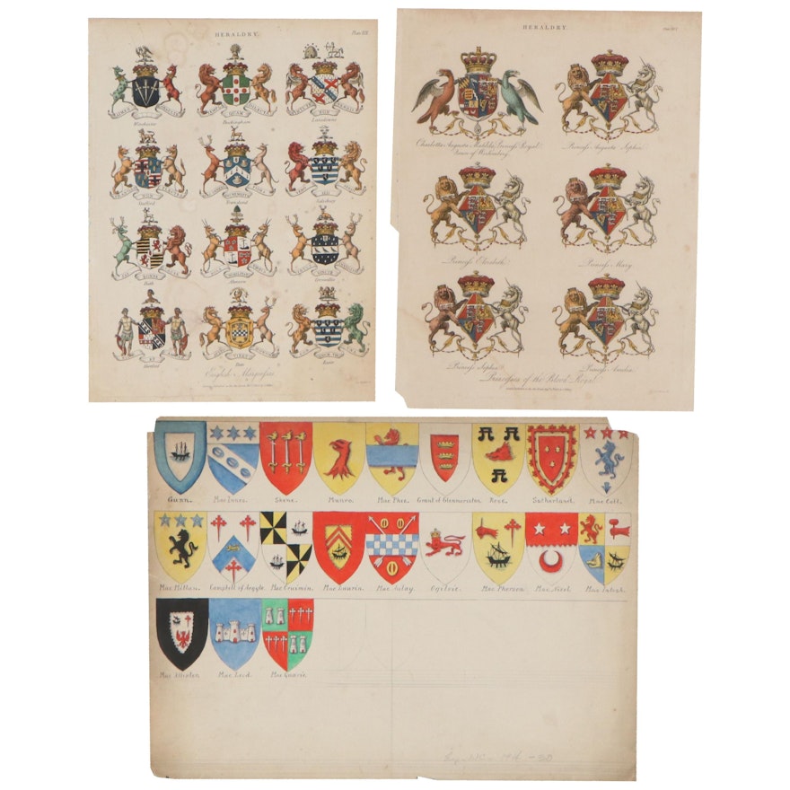 Engravings and Ink Drawing of British Coats of Arms, Circa 1808