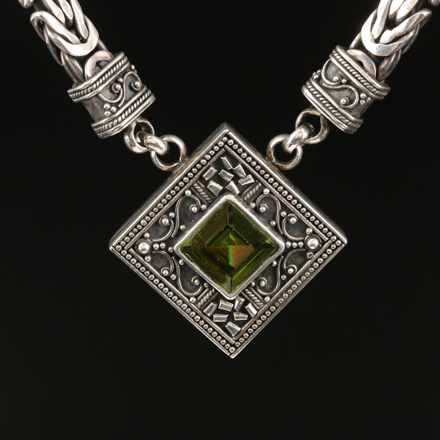 Sterling Glass Pendant with Byzantine Link Necklace