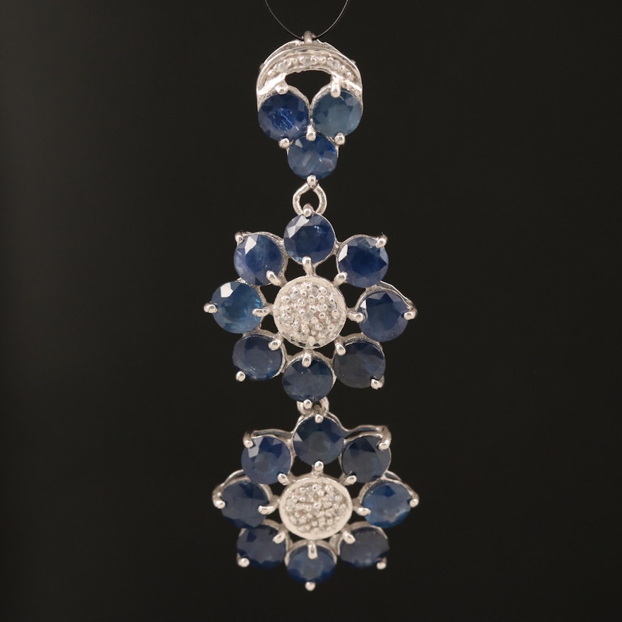 Sterling Sapphire and Diamond Floral Cluster Pendant