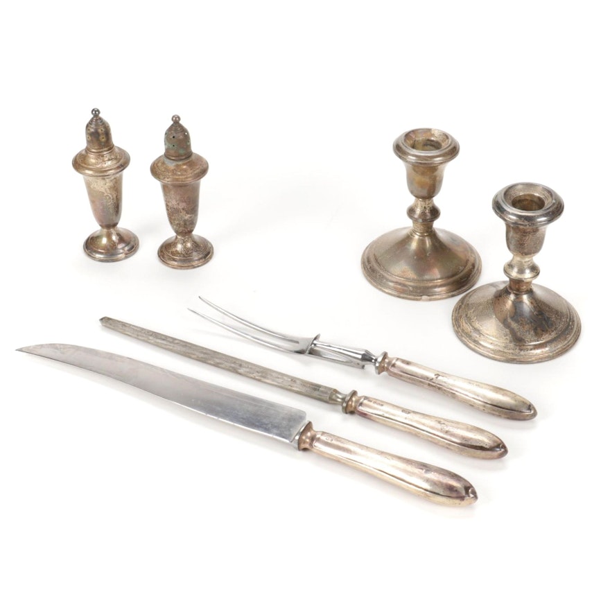 Empire and Other Weighted Sterling Silver Table Accessories and Carving Set