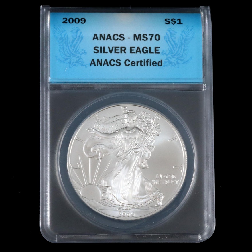 ANACS Graded MS70 2009 .999 Fine American Silver Eagle Dollar