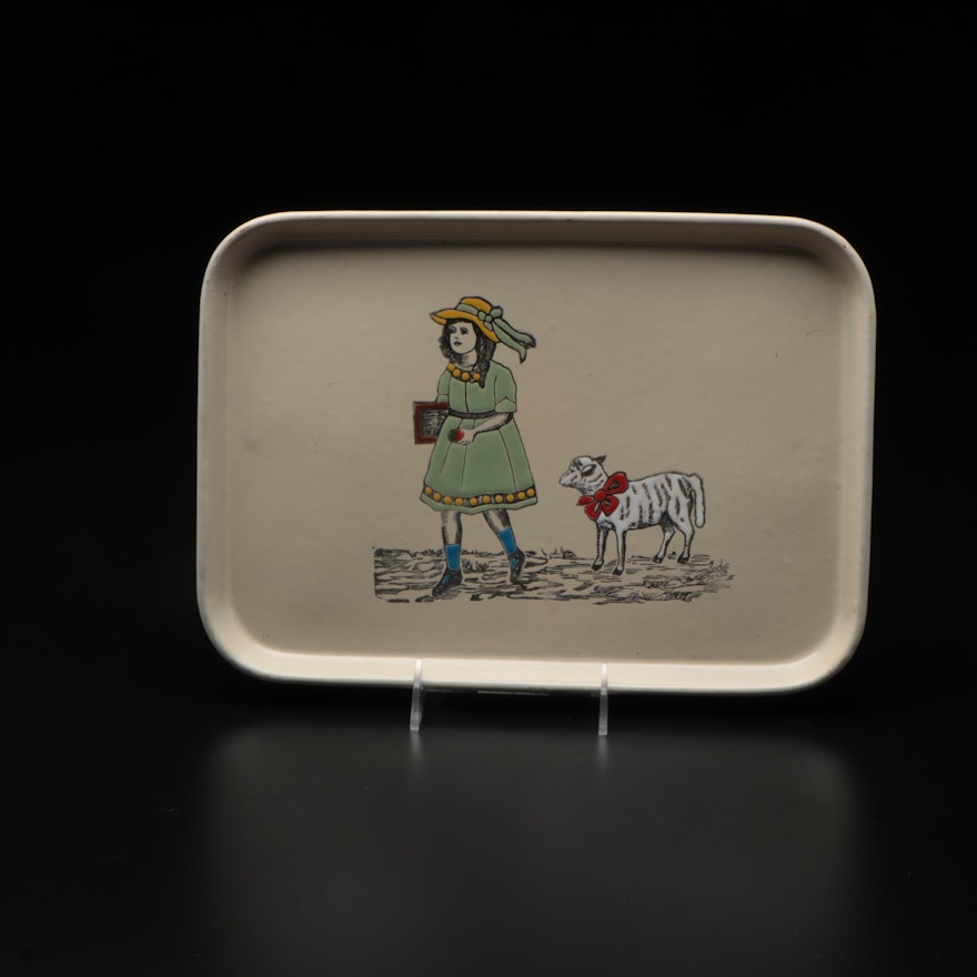 Enameled Metal Tray Decorated with Mary and Her Little Lamb, Made in Germany