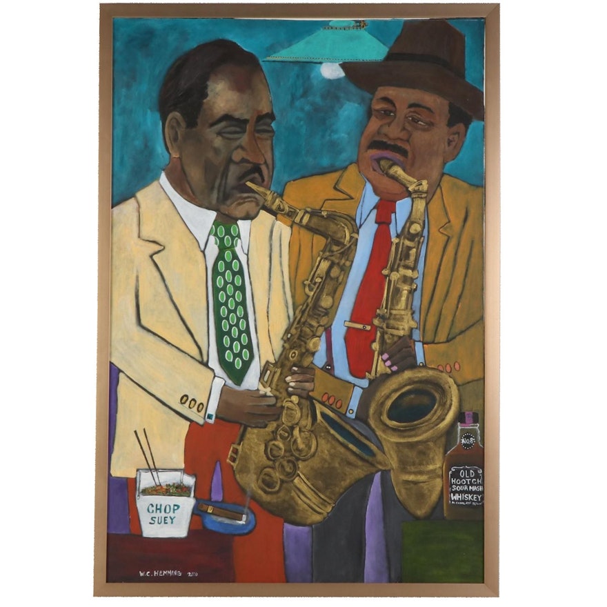 William C. Hemming Jazz Saxophonist Folk Art Acrylic Painting, 2000