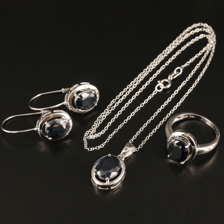 Sterling Sapphire Necklace, Ring and Earring Set