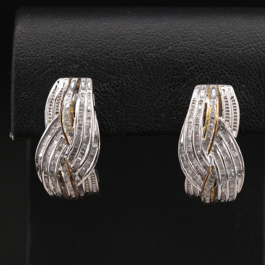 Sterling Diamond Crossover J Hoop Earrings