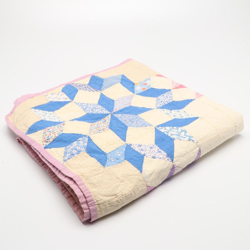 Handmade Missouri Star Cotton Patchwork Quilt, Mid to Late 20th Century