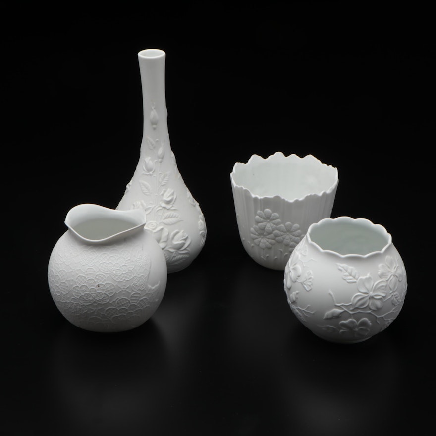Kaiser White Porcelain Bisque Cachepot, Rose Bowls and Vase