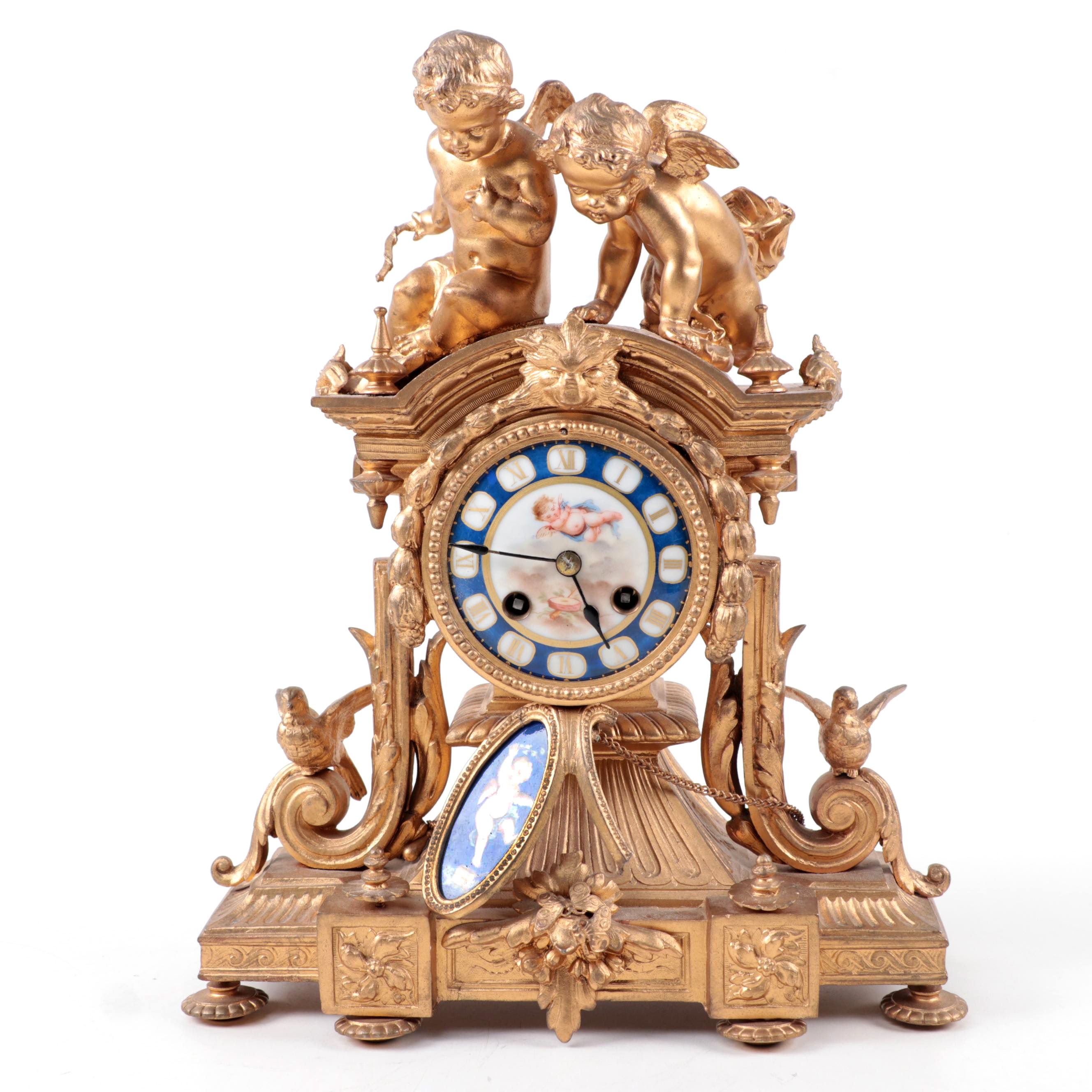 French Samuel Marti  Sèvres Style Gilt Bronze and Porcelain Mantel Clock