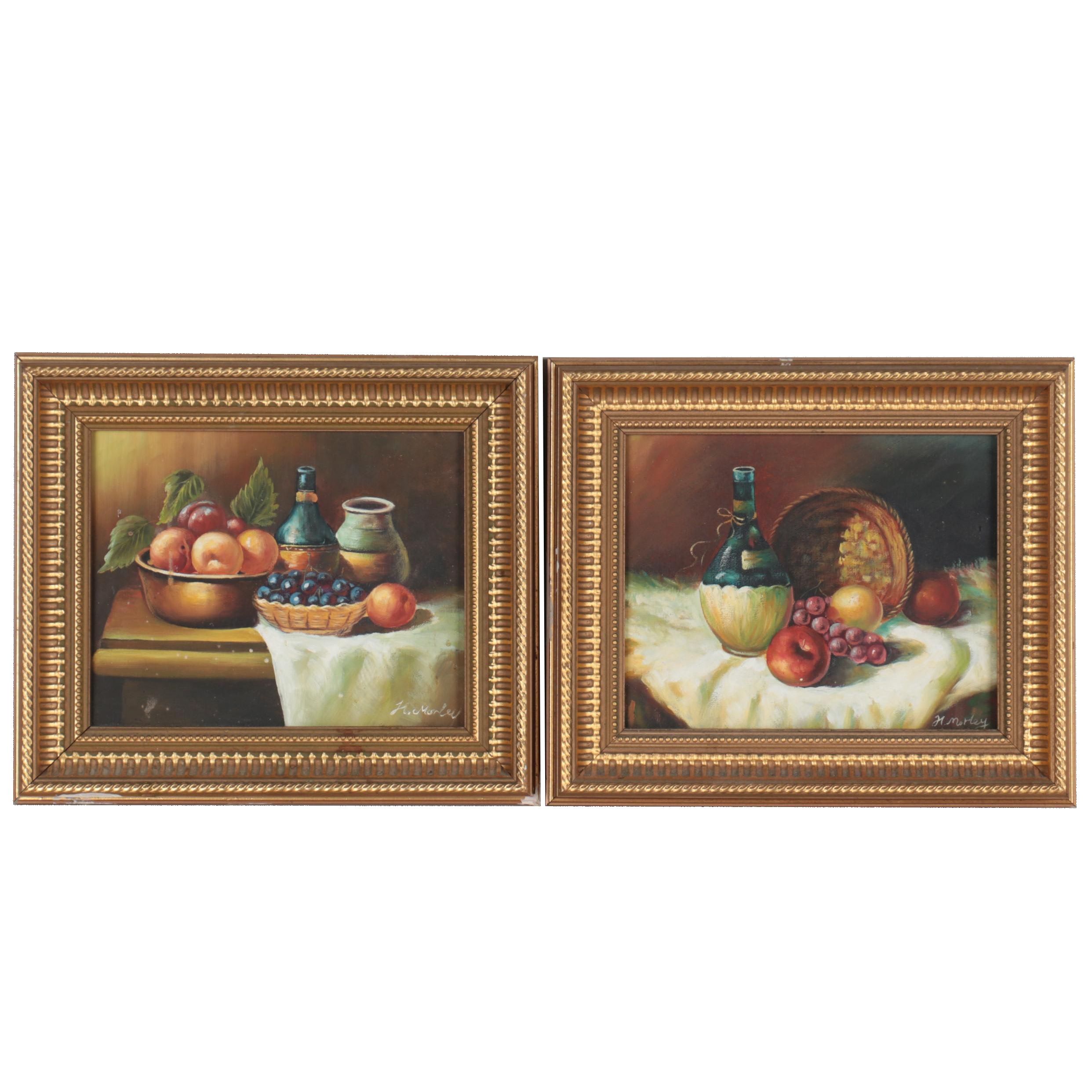 H. Morley Still Life Oil Paintings of Fruits and Pottery, Circa 2000