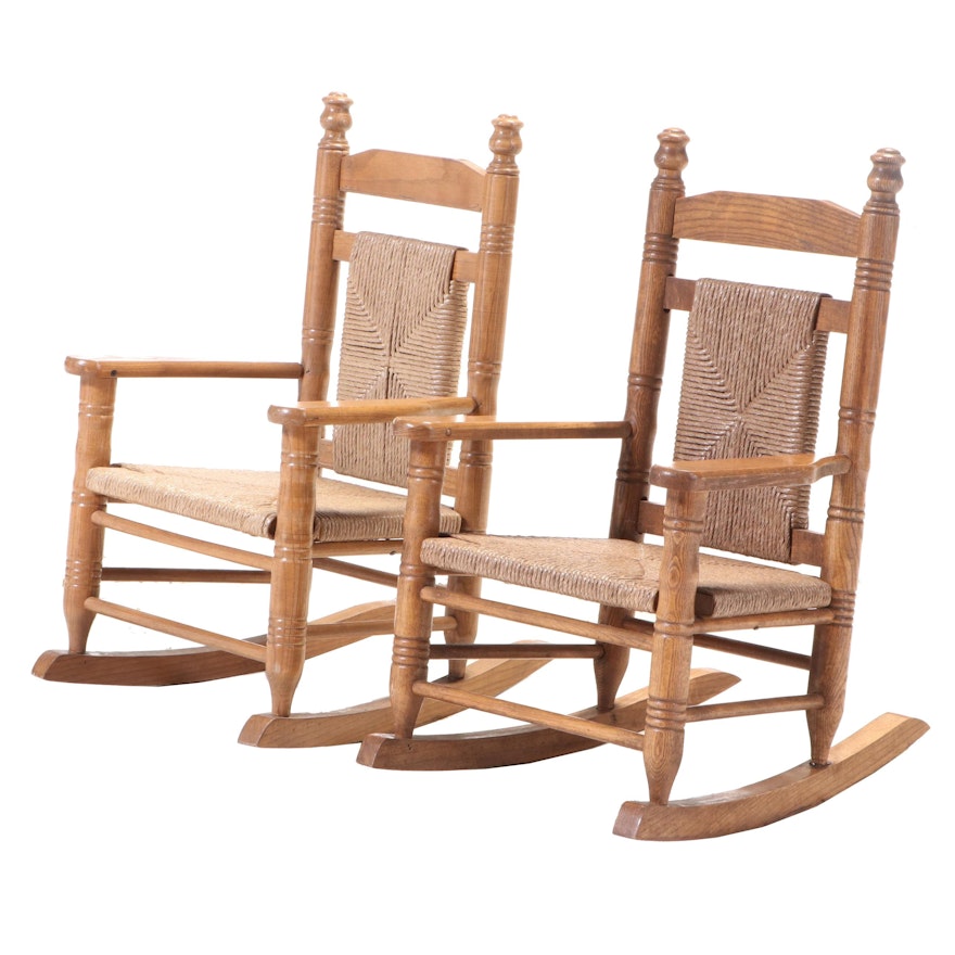 Near Pair of American Primitive Style Oak Child's Rockers, Incl. Cracker Barrel